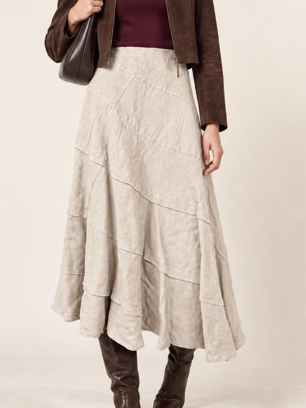 Sandro Sportswear Linen Asymmetrical Tiered A-line Midi Full Skirt Size 12 Tan